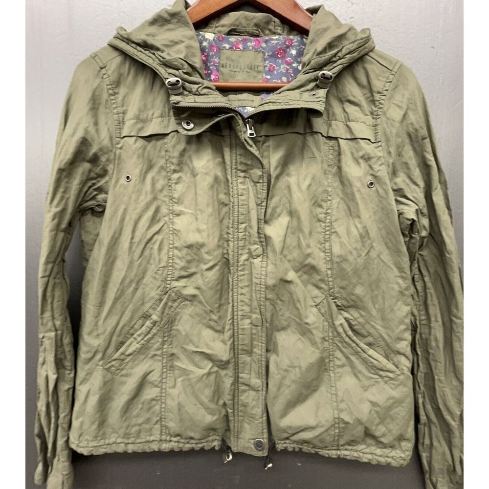 Aeropostale Jacket Women L Green Windbreaker Rain Utility Floral Lined Coat